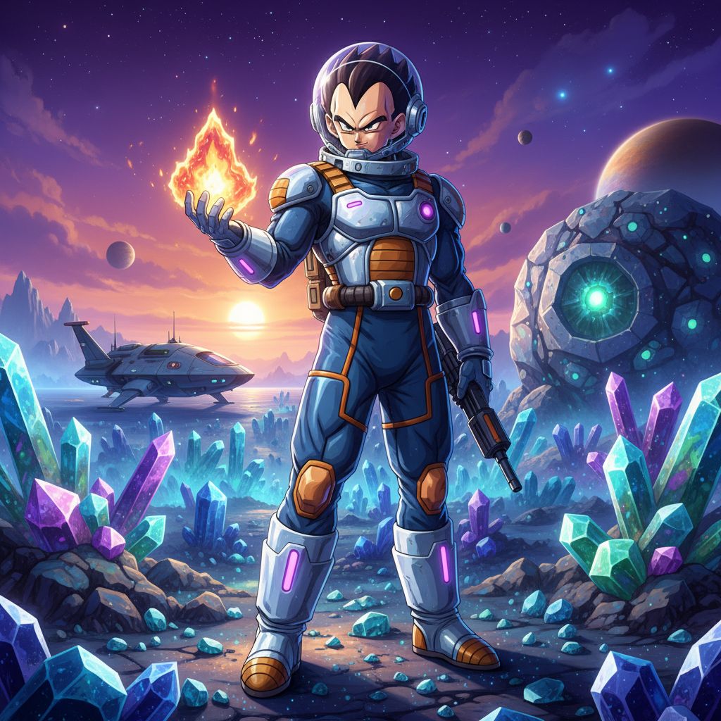 Vegeta as a space explorer discovering a new crystalline planet, sci-fi realism.