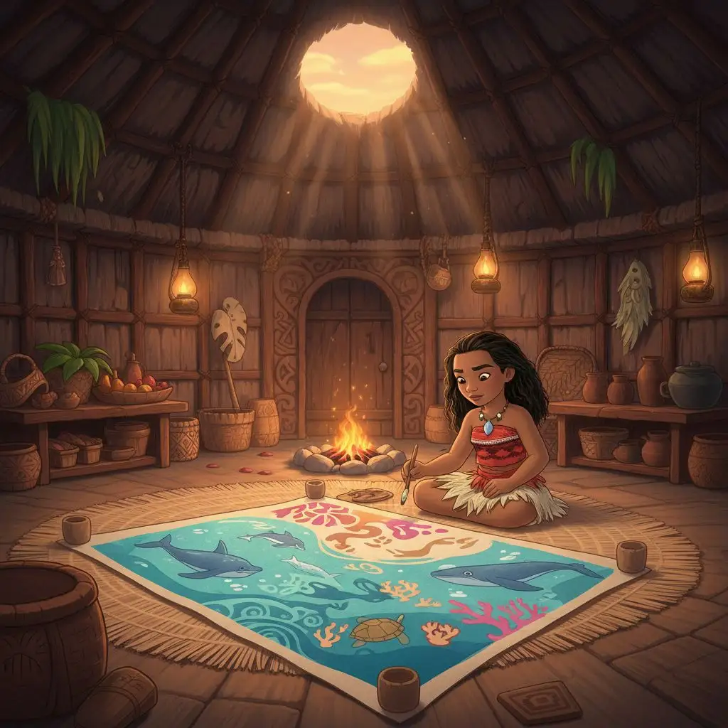 Young Moana painting ocean art in a village hut, depicting creativity and cultural roots.