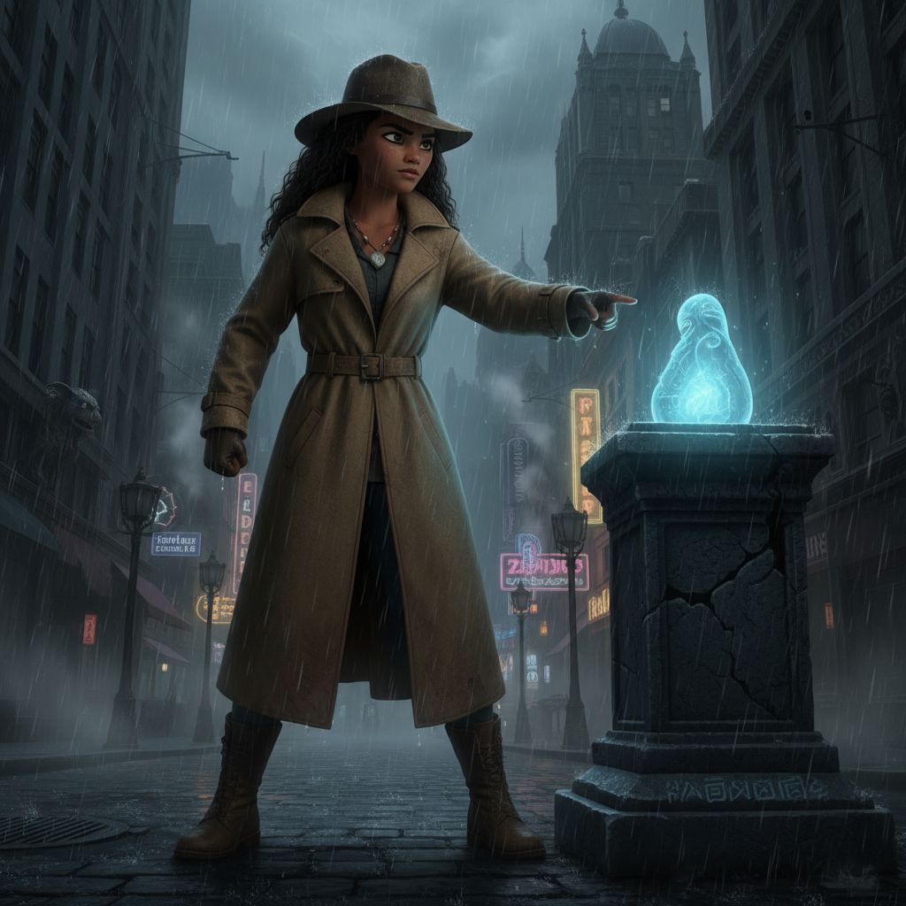 Moana as a detective in a noir city, solving mysteries, highlighting an unexpected role.