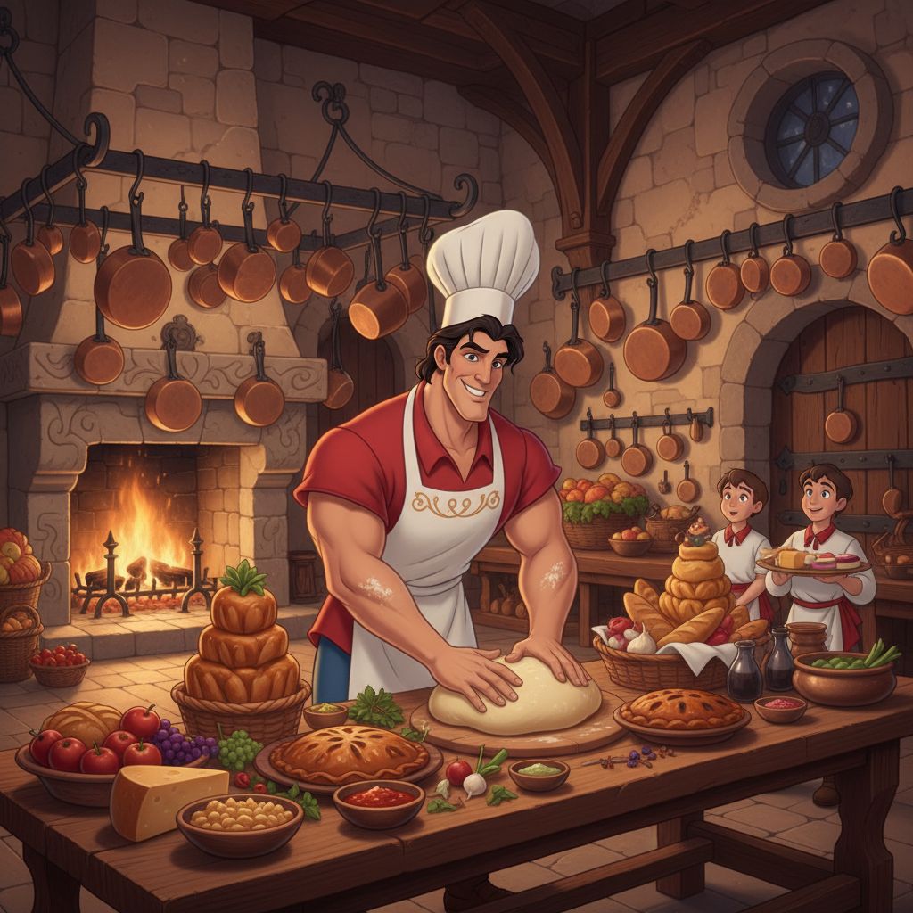 Chef Gaston cooking in a rustic kitchen, realistic culinary art.