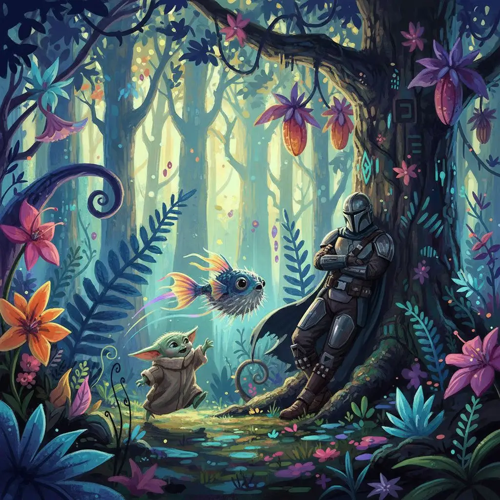 Grogu playing with a space creature in an alien jungle, watched by the Mandalorian.