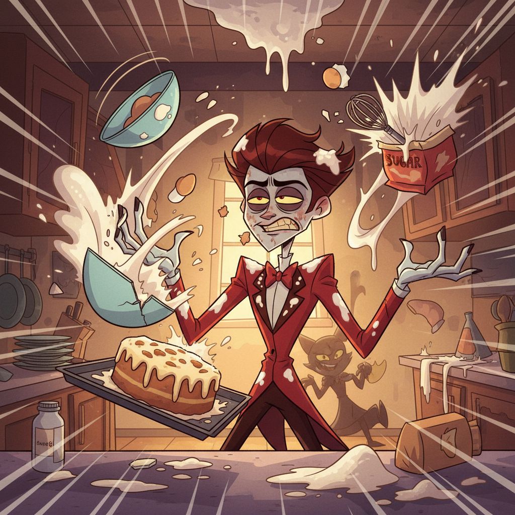Alastor comically baking a cake in a messy kitchen, funny Alastor drawing.