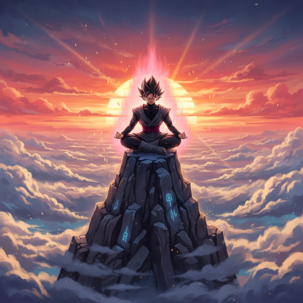 Epic Goku Black drawing: Goku Black meditating peacefully on a mountain peak at sunset, surrounded by swirling clouds.