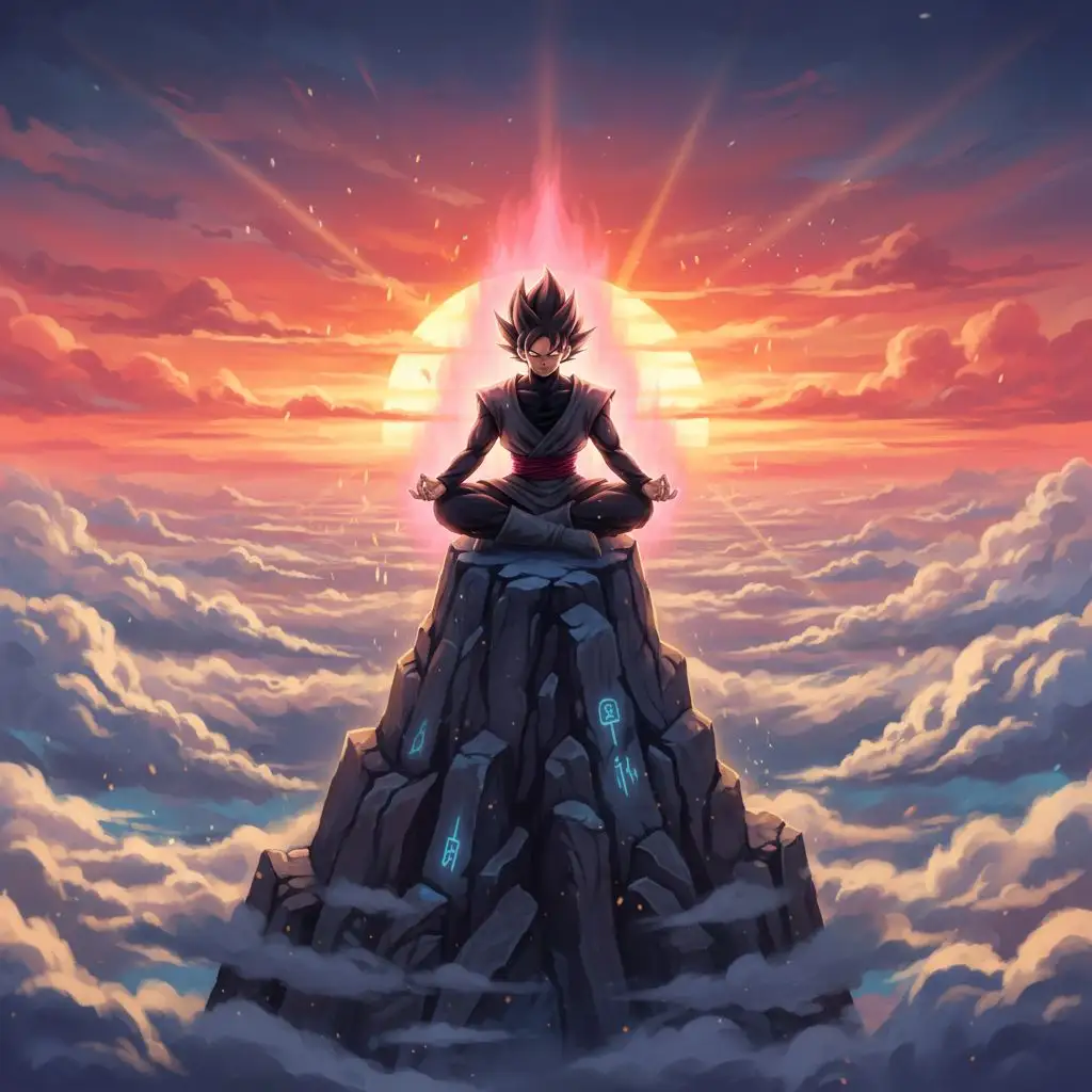 Epic Goku Black drawing: Goku Black meditating peacefully on a mountain peak at sunset, surrounded by swirling clouds.