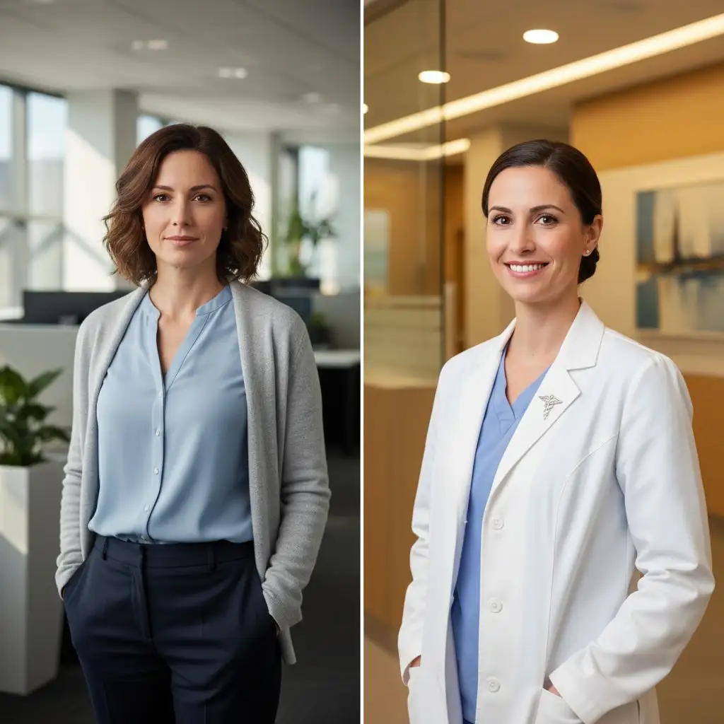 AI-generated medical headshot for a female professional, showcasing versatility and a crisp white coat.