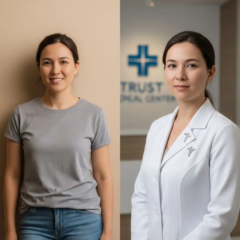 AI transformation from everyday photo to a distinguished medical headshot wearing a white coat.