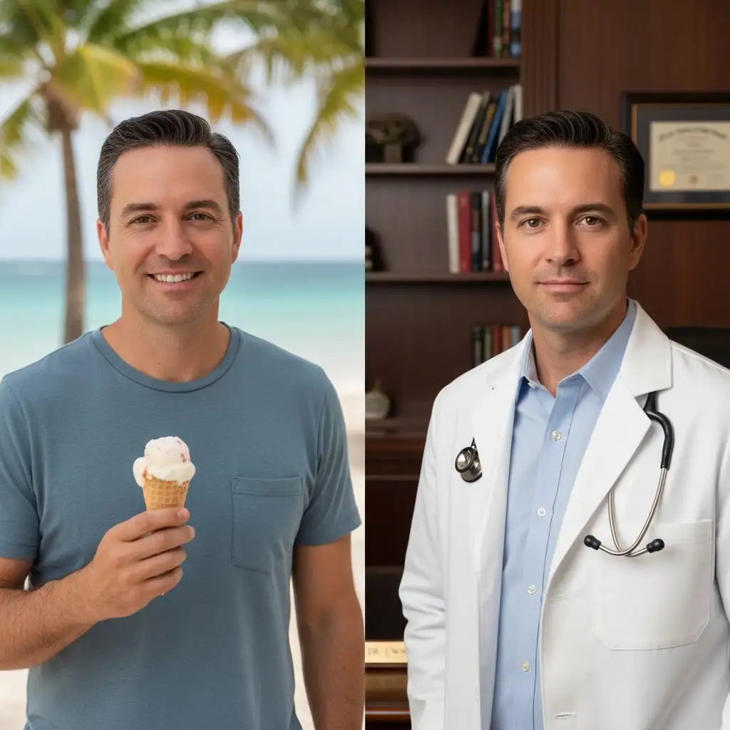 Transformation of a casual image into a studio-quality professional doctor photoshoot headshot with a white coat.