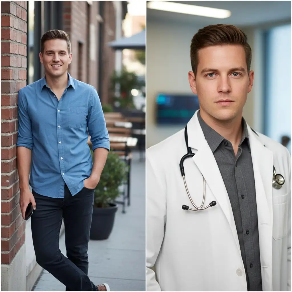 Before-and-after: Informal picture to modern and polished doctor headshots with a contemporary white coat.
