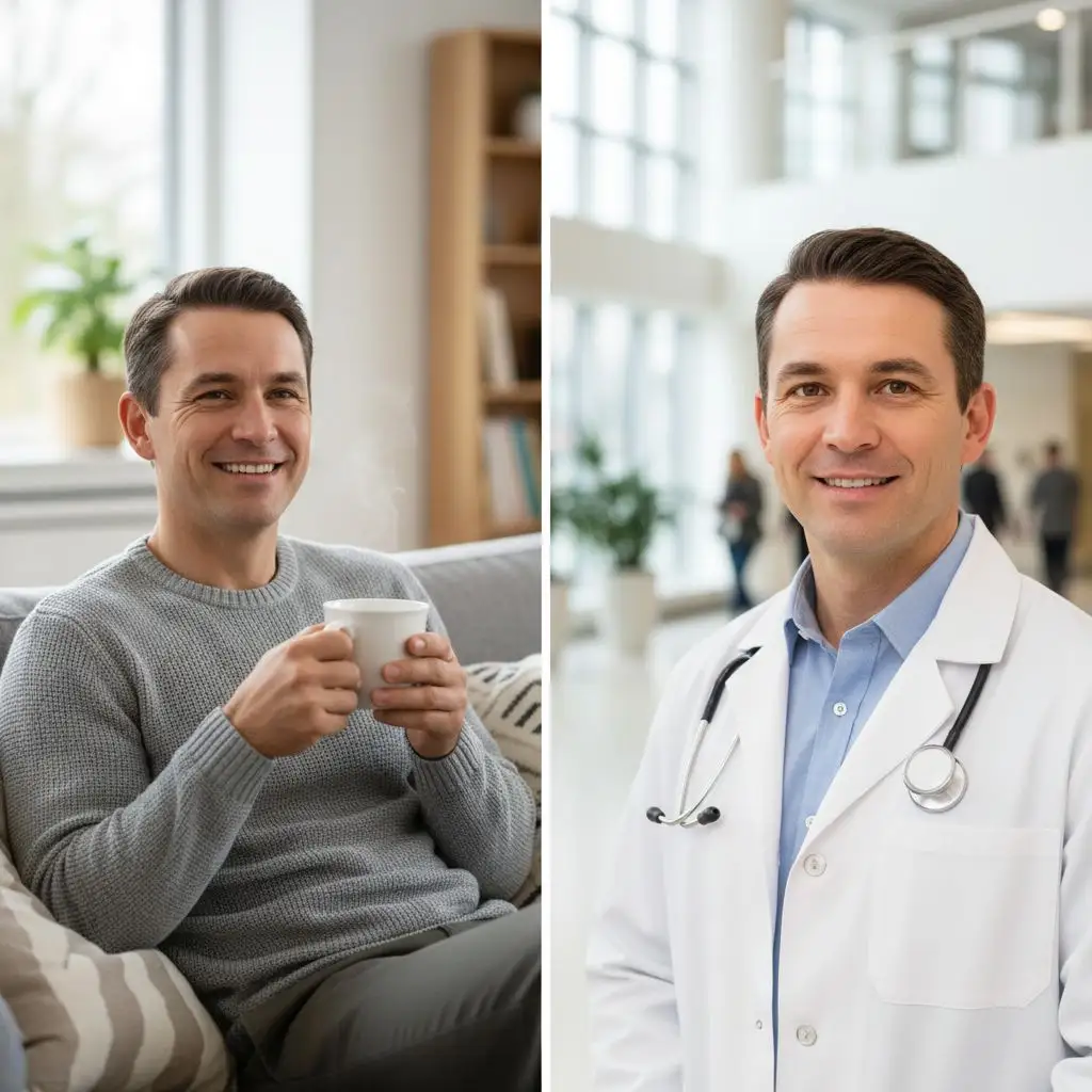 Original photo versus AI-generated friendly yet professional doctor headshot with white coat.