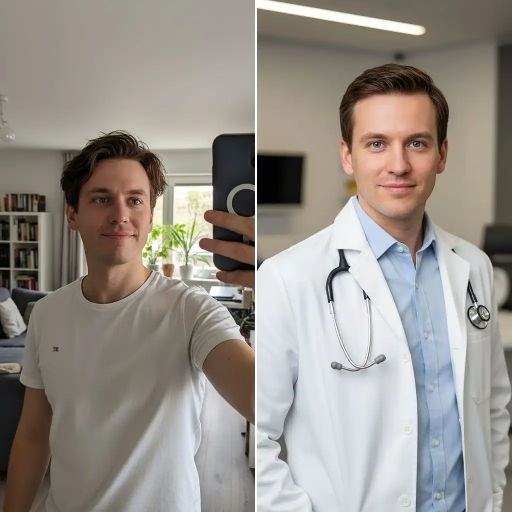 Before-and-after: Casual photo transformed into a professional AI white coat photo headshot for medical use.