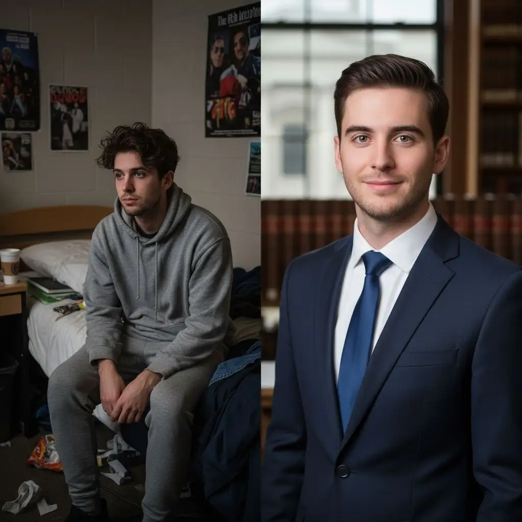 Before & After: Student photo enhanced for a professional AI medical school application headshot.